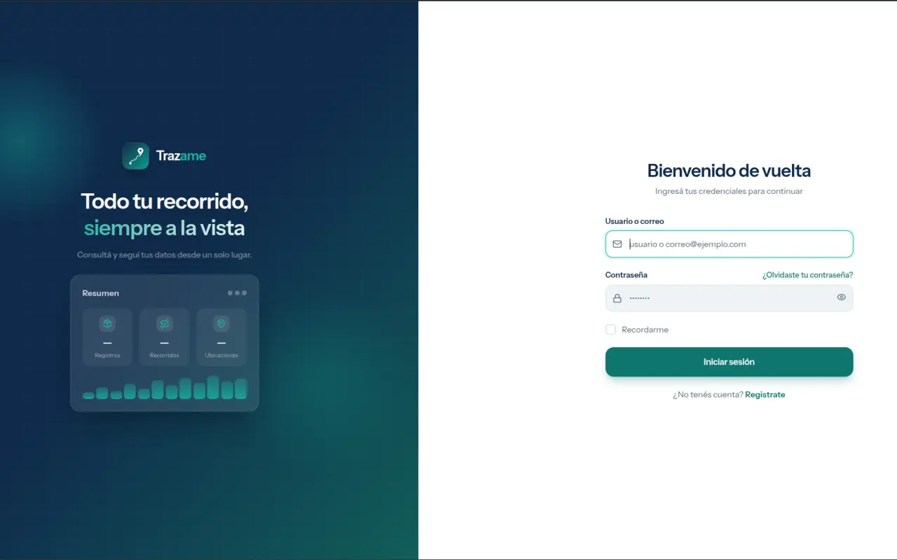 Inicio de sesión de Trazame: panel azul con el lema "Todo tu recorrido, siempre a la vista" y el formulario para ingresar con usuario o correo.